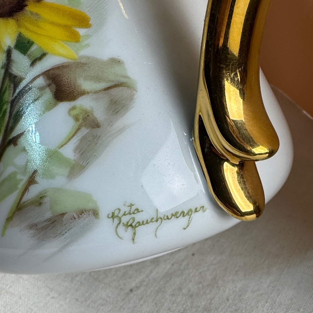 Rita Rauchwerger Hand Painted Floral Pitcher with Gold Handle - Picture 4 of 15